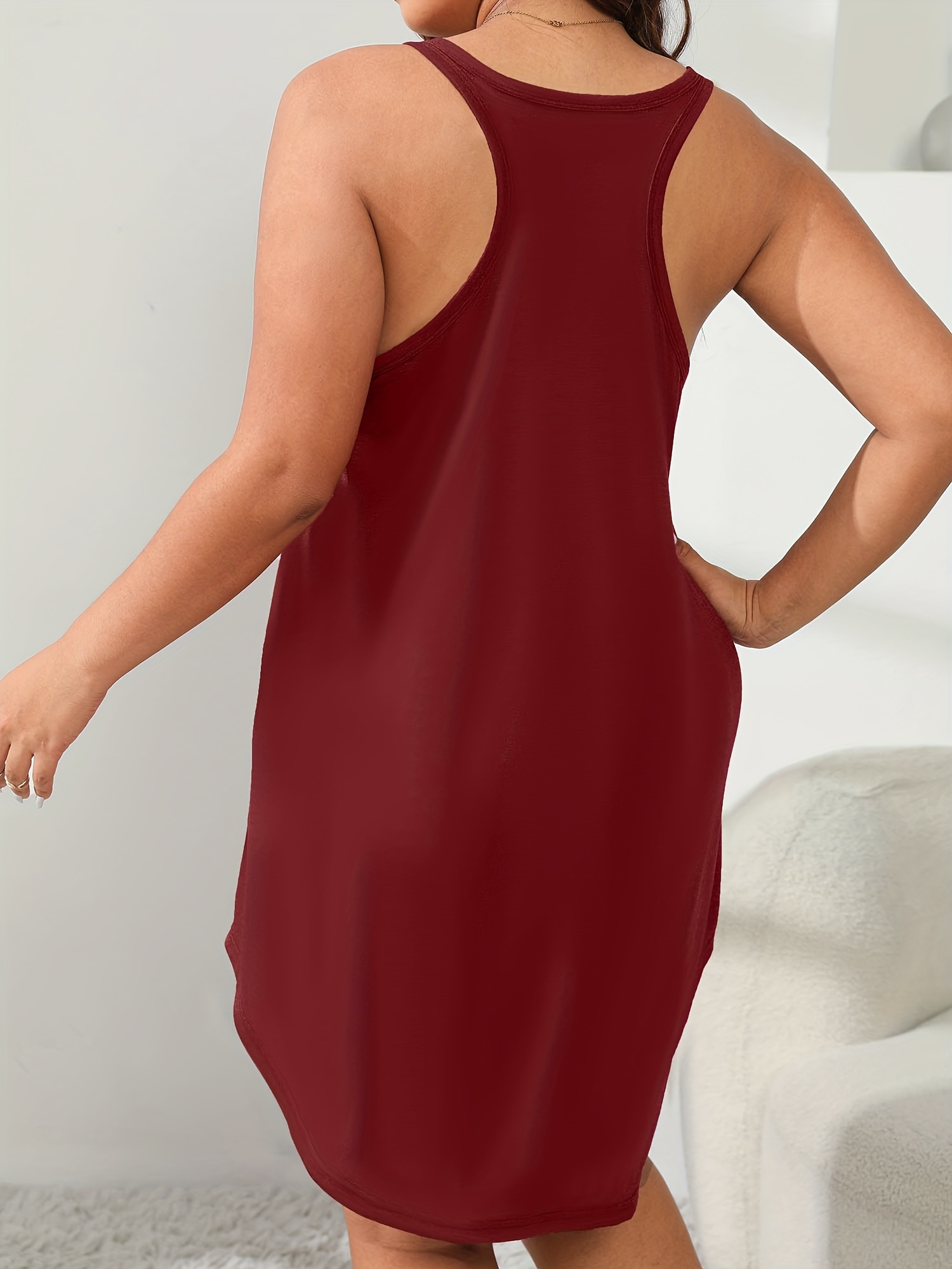 Plus Size Women's LOVE Print Sleeveless Sleep Dress - Olive Green Lounge Nightgown, Machine Washable All-Season Comfort, Casual Loungewear & Sleepwear