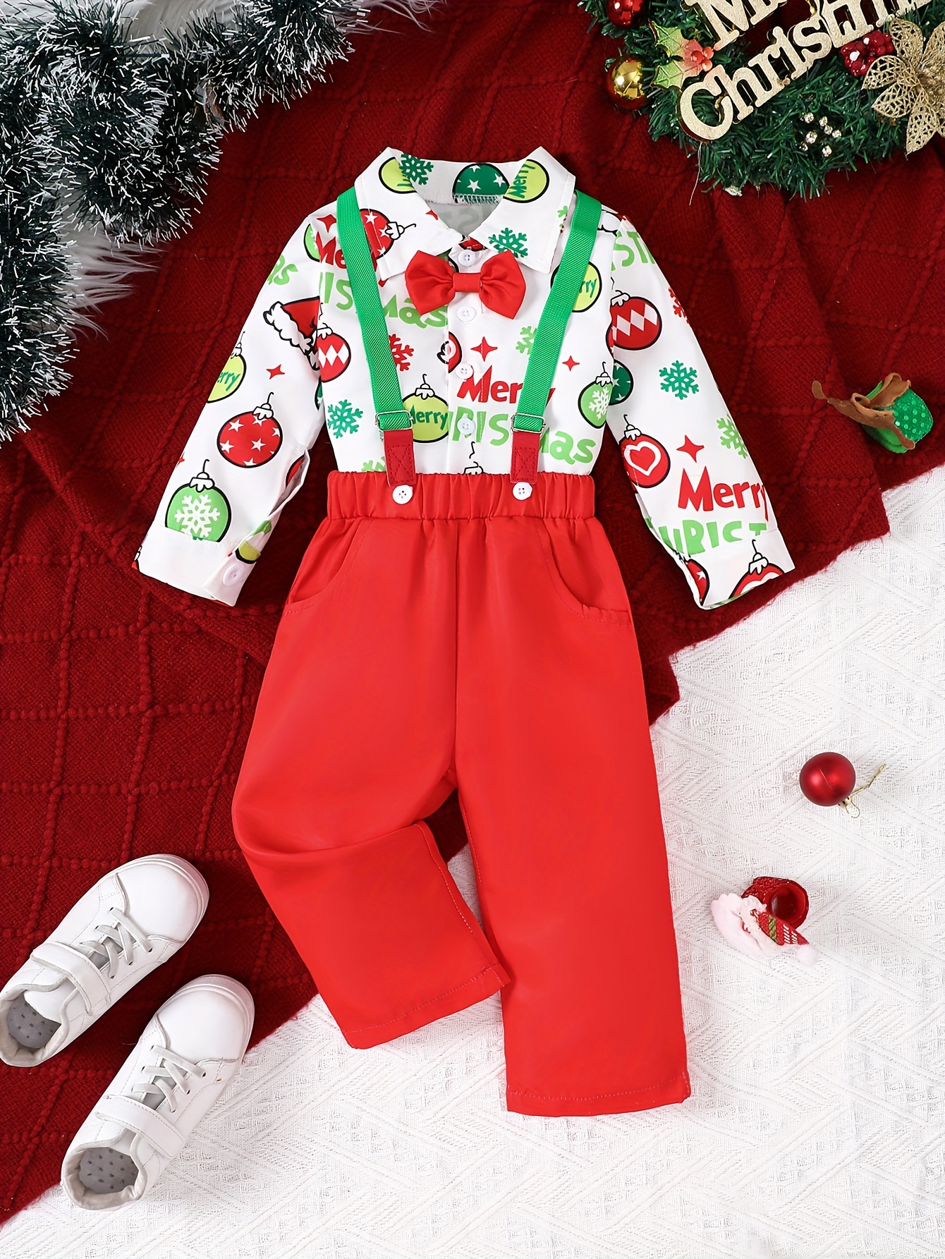 2Pcs Toddler Baby Boys Christmas Gentleman Outfits Long Sleeve Shirt With  Bow Tie Suspender Trousers, Outdoor Cloth