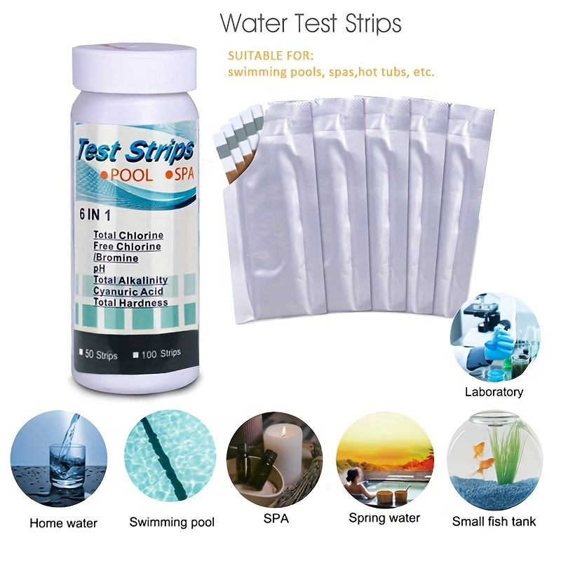 

50pcs 6-in-1 Test Strips, Water Quality Test For Chlorine, Bromine, Ph, Alkalinity, Hardness, Cyanuric Acid, Suitable For Aquariums, Pools, Spas, Drinking Water, Industrial Use, Ponds, Springs