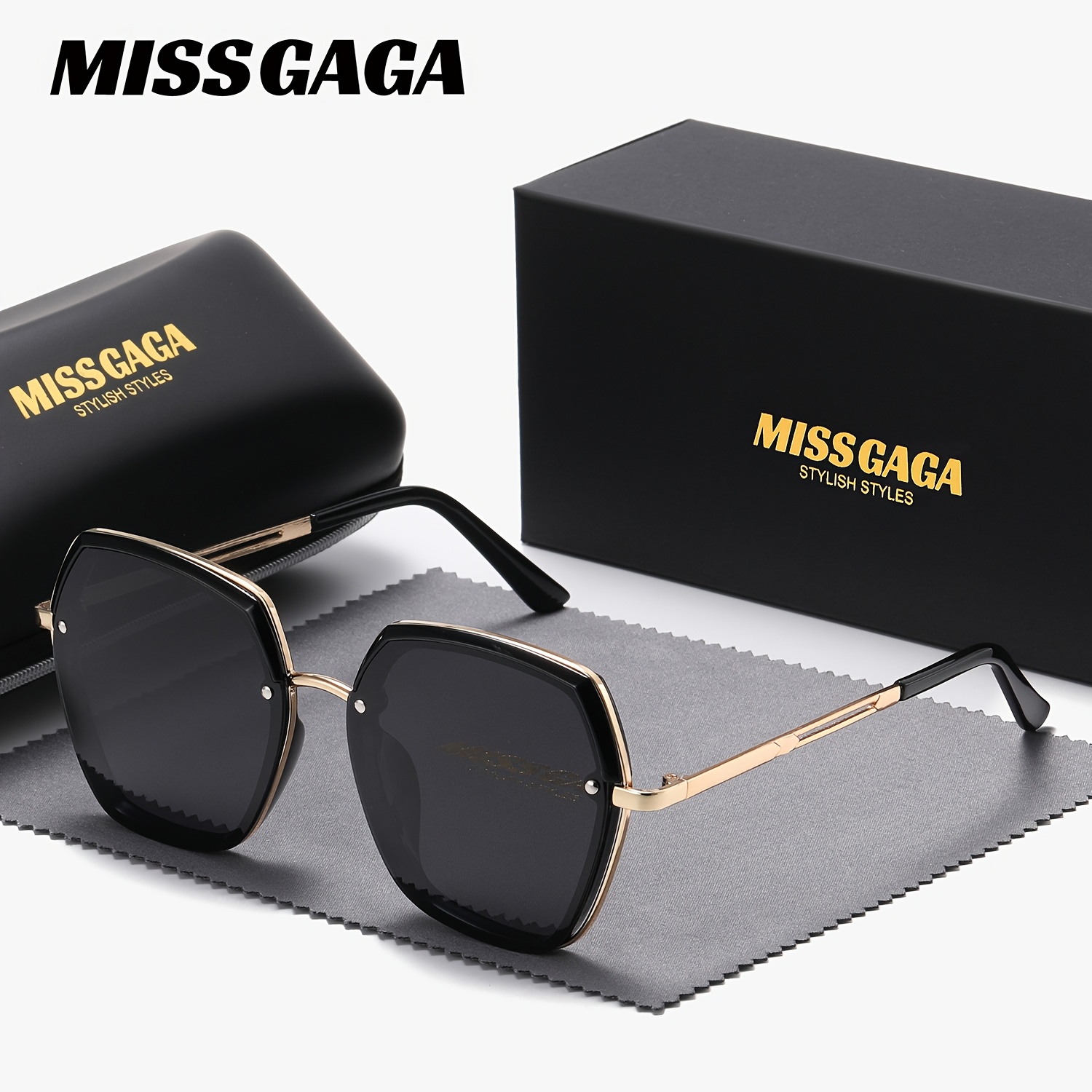 TEMU Missgaga Fashion Fashion Glasses For Women - Protection, Stylish Square Metal Frame, Includes Elegant Black Case & Cloth,