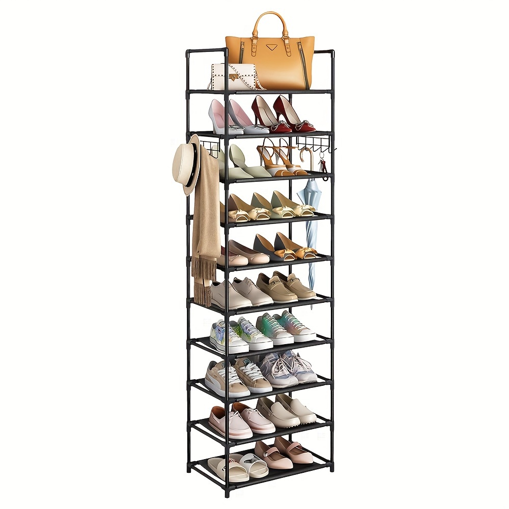 

10 Tiers Shoe Rack For Entryway, Tall Narrow Shoe Shelf Storage 20-24 Pairs Of Shoes And Boots, Sturdy Shoe Storage With Hooks, Space-saving Shoe Organizer For Closet Bedroom Doorway Hallway, 68in