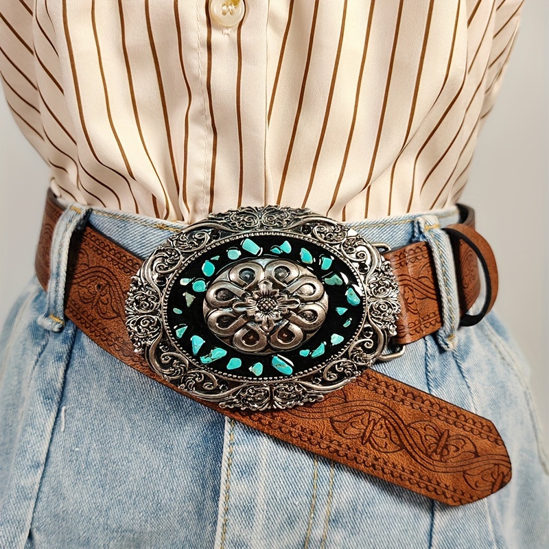 

Vintage-inspired Women's Belt With Turquoise Gemstone Inlaid Alloy – Ideal For Dresses, Jeans, And Shirts, Decorative Accessory, Perfect Gift For Girls, Casual Accessory|decorative |pu Leather Belt