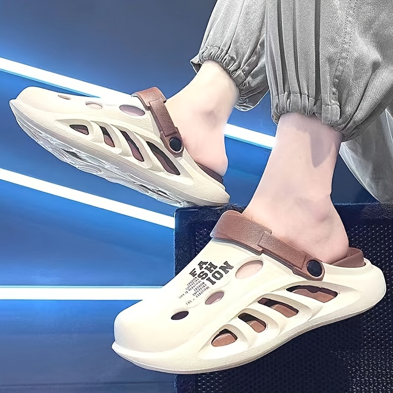 mens trendy street style color block hollow out chunky clogs comfy non slip durable anti odor eva slippers for mens outdoor activities details 15