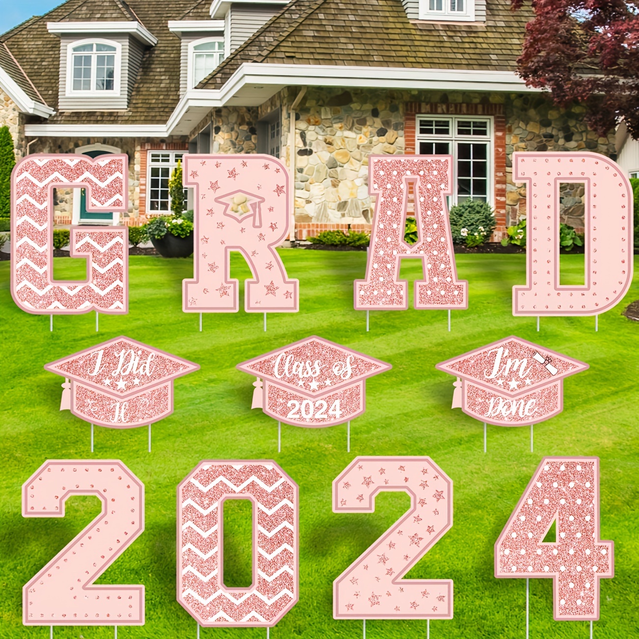 

11pcs Graduation Yard Signs 2024 Pink And Gold Congrats Grad Class Of 2024 Lawn Decor Grad Party Yard Signs With Stakes For Outdoor Indoor High School College Garden
