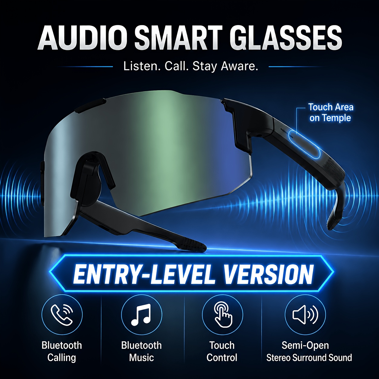 TEMU Brand New Audio Glasses With Bluetooth Calling, Bluetooth Music, Touch Control, Voice , Wireless V5.3, Type-c Charging, Semi- Surround Sound,