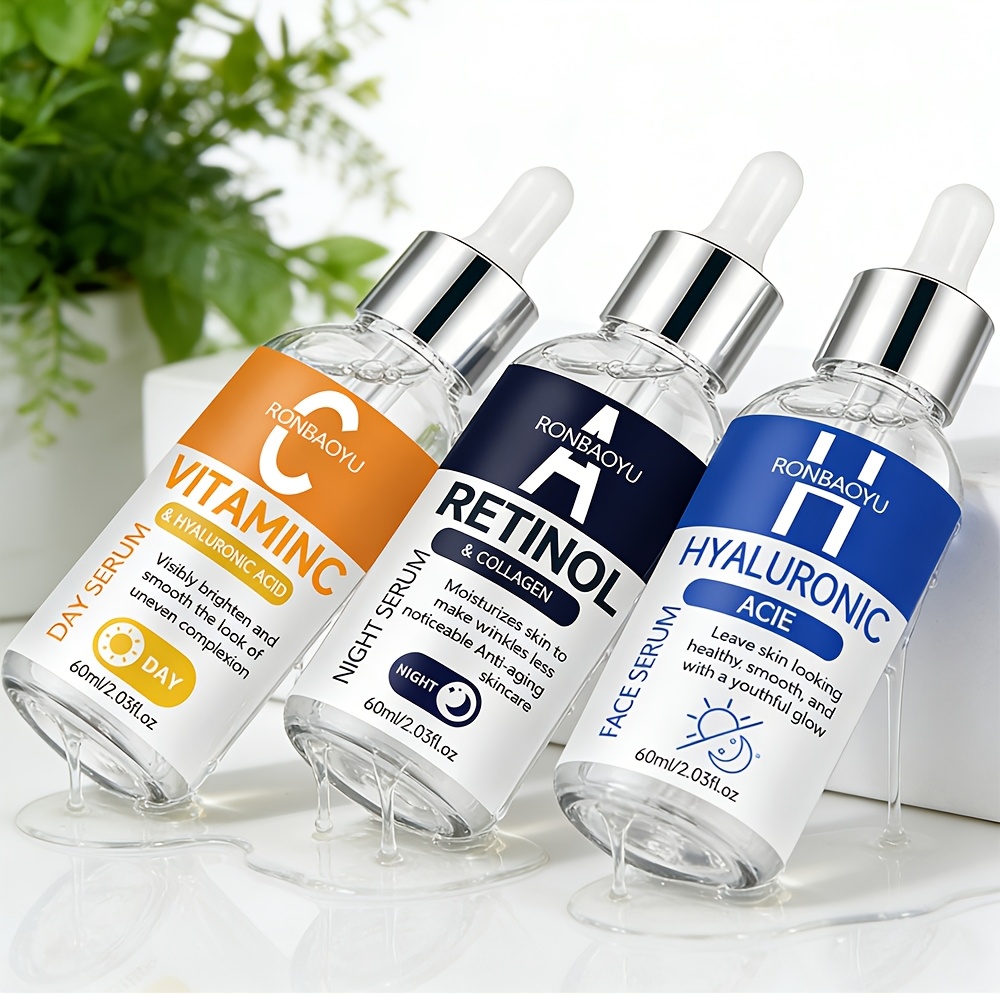 RONBAOYU Set Triplu Seruri 3 Bucăți cu Vitamina C, Retinol, Acid Hialuronic, Colagen, Acid Tranexamic, Niacinamidă și Glutation, pentru Luminozitate, Fermitate, Hidratare Profundă, pentru Toate Tipurile de Piele, Utilizare Zi și Noapte, Esențial pentru Călătorii