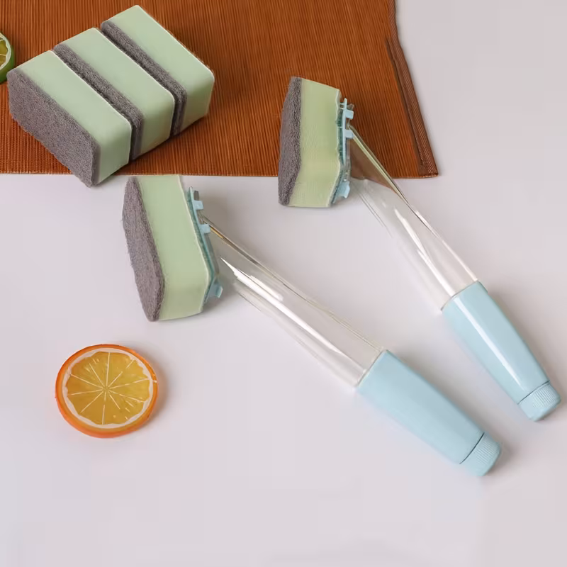 one handle with four sponge replacement heads a long handled sponge brush with interchangeable sponge heads a versatile cleaning tool for kitchen utensils water bottles and bathrooms a durable essential for household cleaning Product details 0