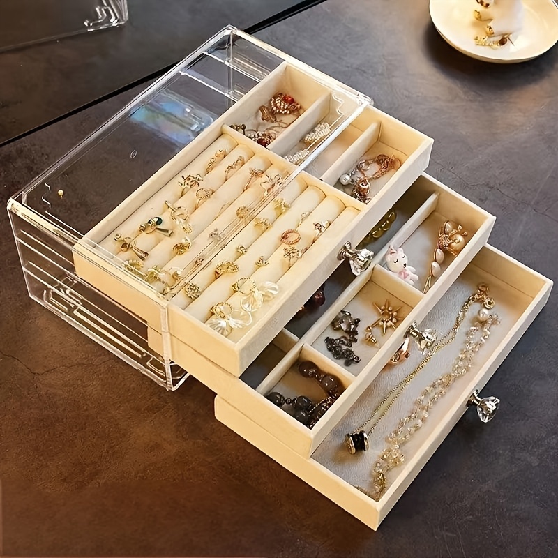 

1pc Luxury 3-layer Velvet Jewelry Storage Box - Anti-oxidation Acrylic With Soft Flannel , Dust-proof Drawer Organizer For Earrings, Necklaces, And Accessories In Gray/white, Jewelry Box