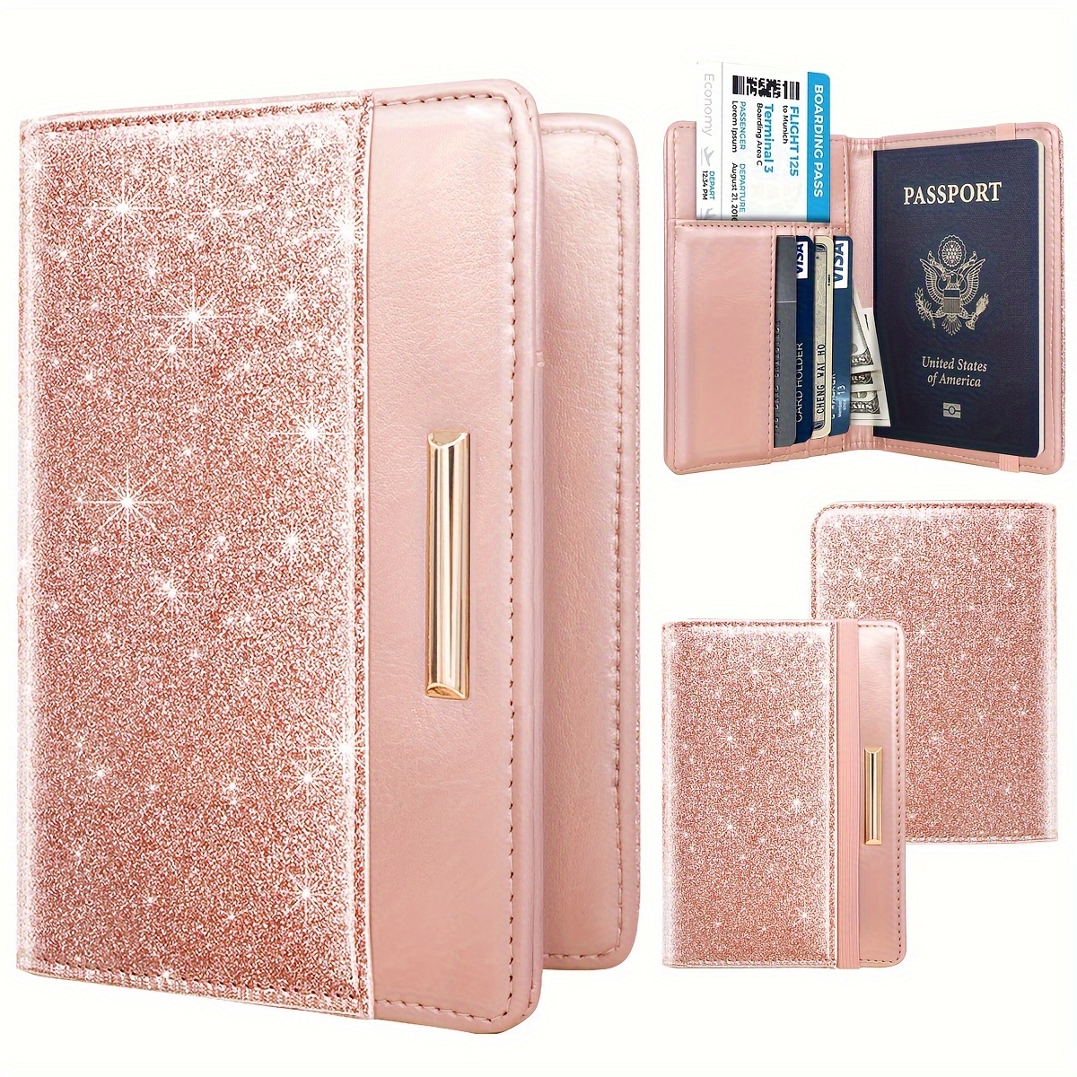 

Rose Golden Passport Holder Cute Glitter Leather Women's Travel Passport Bag Multifunctional Anti-theft Brush Credit Card Passport Bag Rope Passport Bag