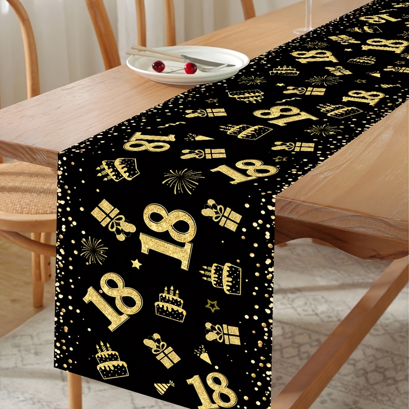 

1pc, Black And Golden Polyester 18th Birthday Table Runner, 35x180cm, Machine Made Festive Party Decor, Cake And Gifts Design, Old Celebration Accessory, Tablecover Decor