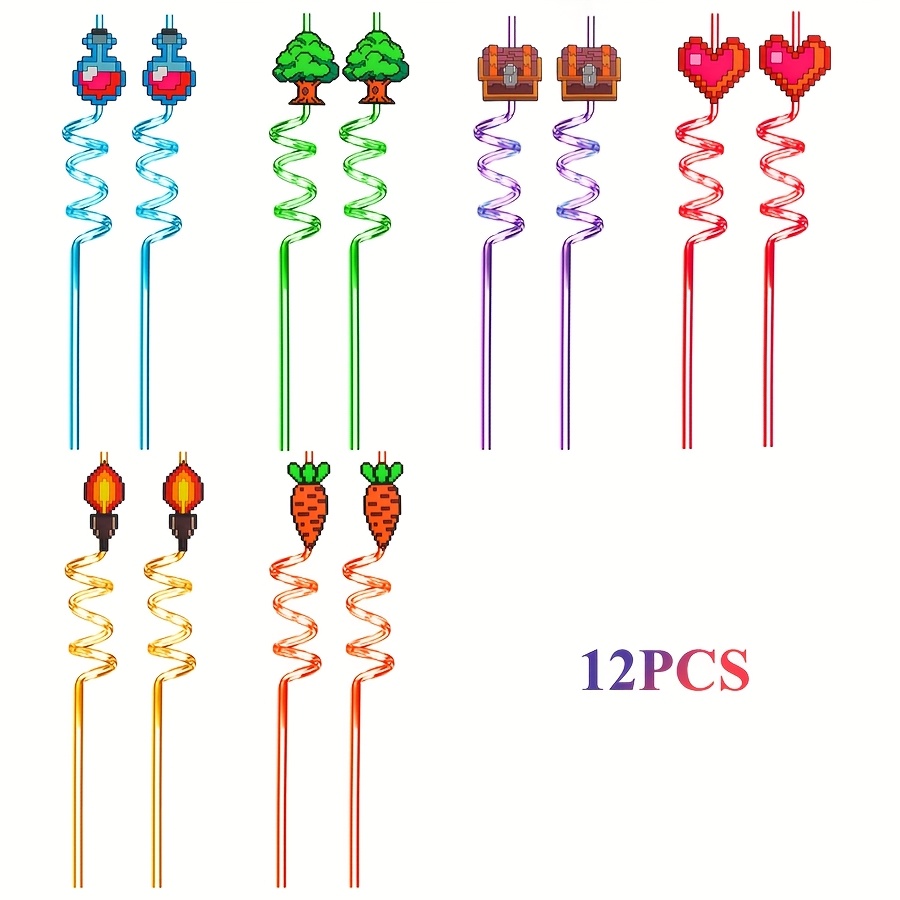 Image of 6/12pcs Cartoon Pixel Shape Straw Mosaic Game Theme Decoration Supplies /rocket/box/carrot Mosaic Milk Drinking Straw Used For Birthday Party Decorations And Gifts