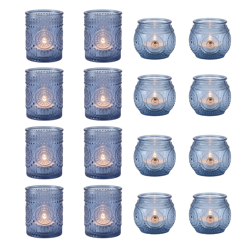 TEMU 16pcs Starry Blue Sunflower Carved Glass Candlestick Set Multifunctional Vintage Tea Candle Holder, Suitable For Weddings, Romantic Dates,