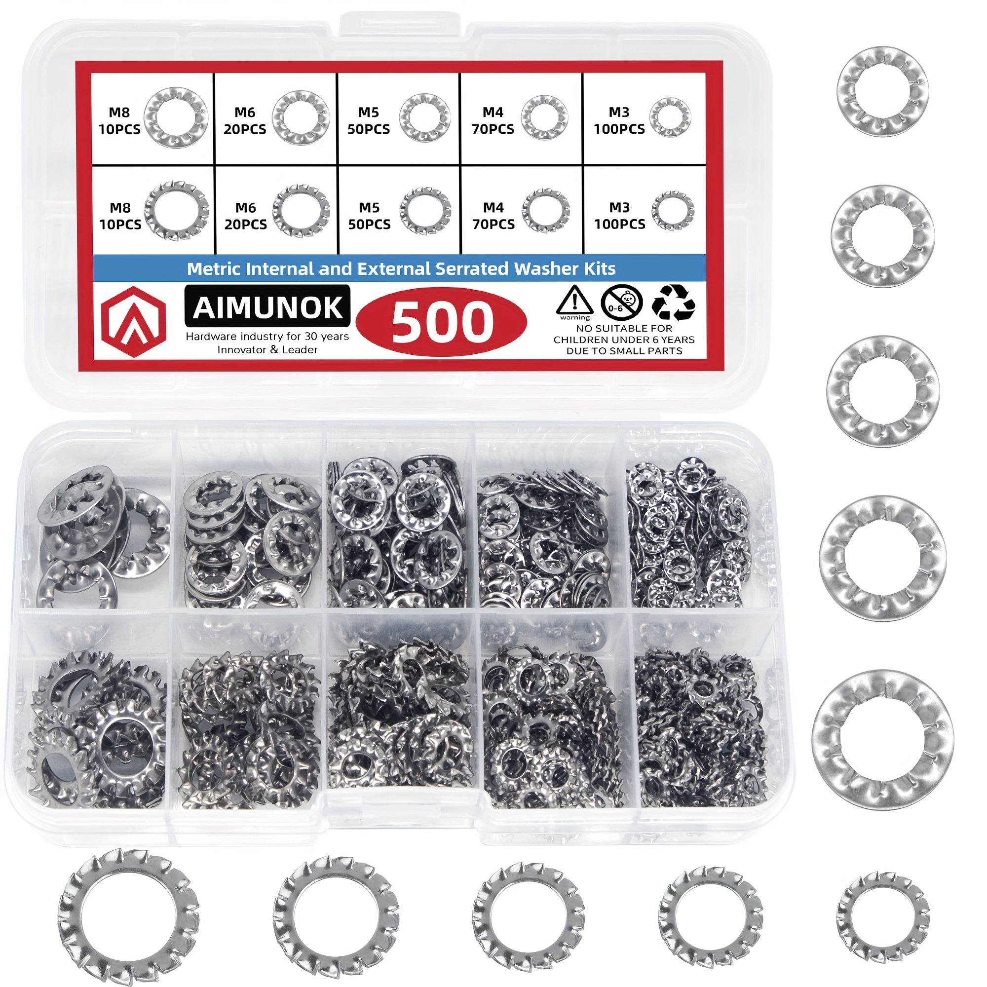 

500pcs 304 Stainless Steel External Internal Tooth Star Lock Washers Assortment Kit, 5 Sizes M3 M4 M5 M6 M8