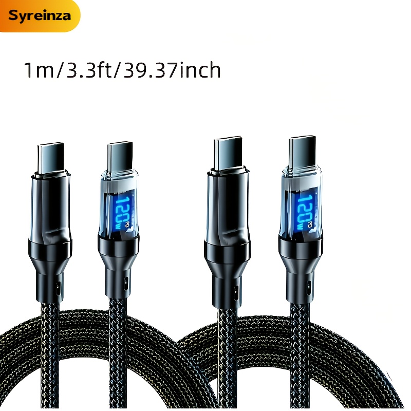 Image of 2pcs Super Fast Charging Cable | 120w Max Usb A To Type C Charger Cord For Real-time Digital Display Compatible For Iphone, , Ipad, Tablet More Usb-c Port Devices