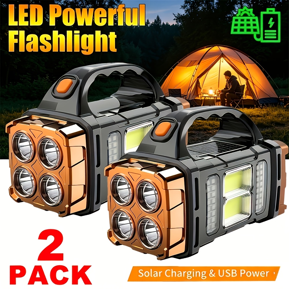 TEMU 2pcs Set Of Solar Led Camping Flashlights, 4-beam Cob Portable Handheld Work Lights, Emergency Lights With Usb And Solar Charging, And Yellow