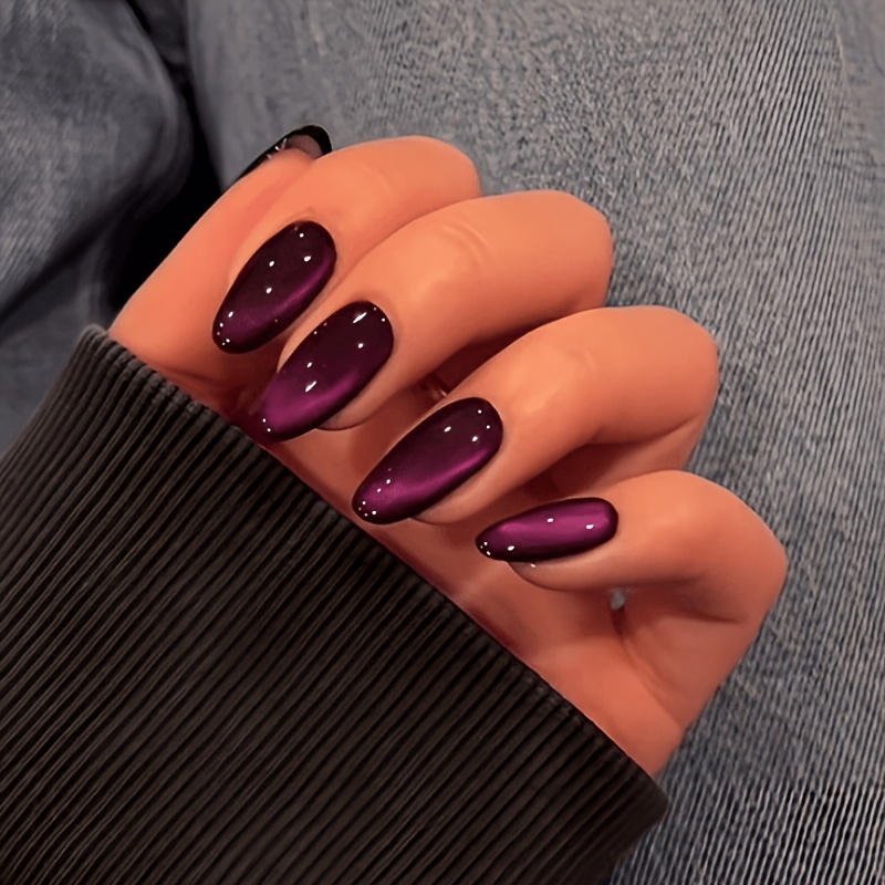 TEMU 48pcs Grape Purple Medium Length Almond Shimmering Cat Eye Nails, Fashionable Temperament Full Coverage Wearable Nail Set, Suitable For Daily