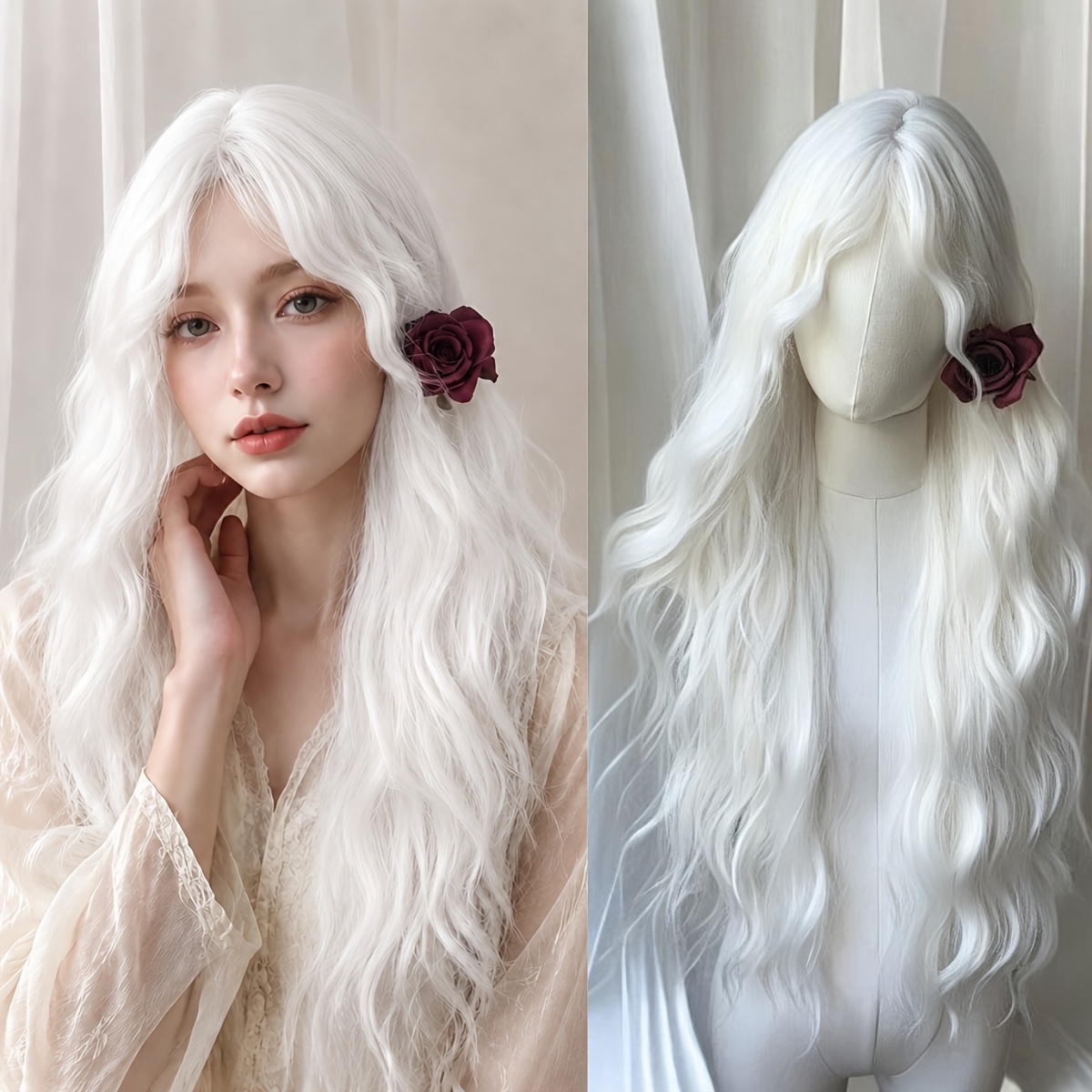 TEMU Wig Suitable For All Adults, , White Medium Split Long To Style, Increases Hair Volume, Holiday Costume Role-playing, , Universal Wig