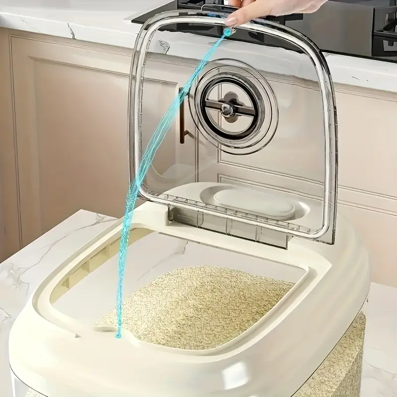 large capacity plastic rice storage container with handle and measuring cup lid reusable square grain dispenser suitable for rice flour and hand washable insect moisture proof seal kitchen storage solution transparent food storage Product details 4