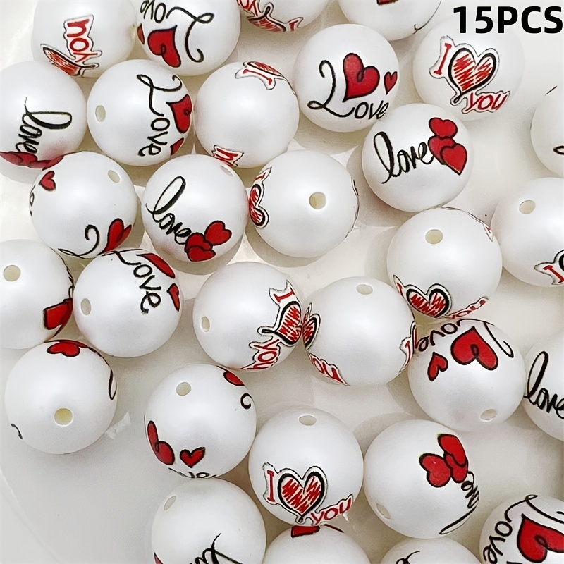 Image of 15pcs Charm 's Day Round Beads, 0.63-inch Through-hole Bead, Perfect For Jewelry Making And Holiday Decoration, Phone Chain Keychain, Pen Decoration, With Multiple Styles From