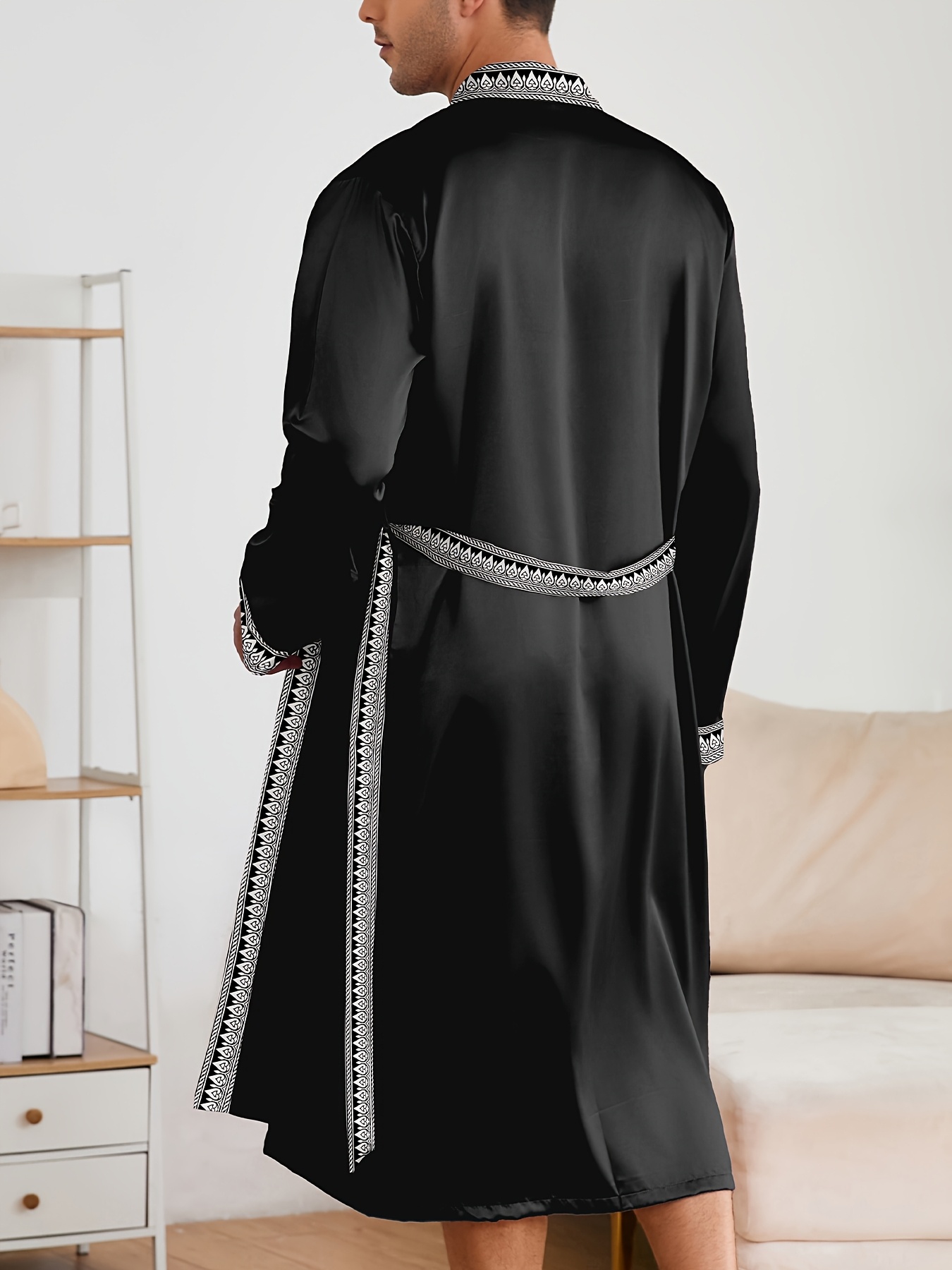 Men'S Casual Comfortable Color-Block Print Long-Sleeve Robe with Belt - Loose Fit, V-Neck, Polyester, Perfect for Spring/Summer/Fall, Relaxed Fit Wear|Color Block Design|Polyester Robe