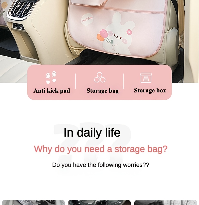 Cute Bear & Bunny Car Organizer - Multi-Functional Seat Back Storage with Trash Bin, Tissue Holder, Cup & Phone Slots, Durable Faux Leather, Easy Clean - Perfect Holiday Gift details 1