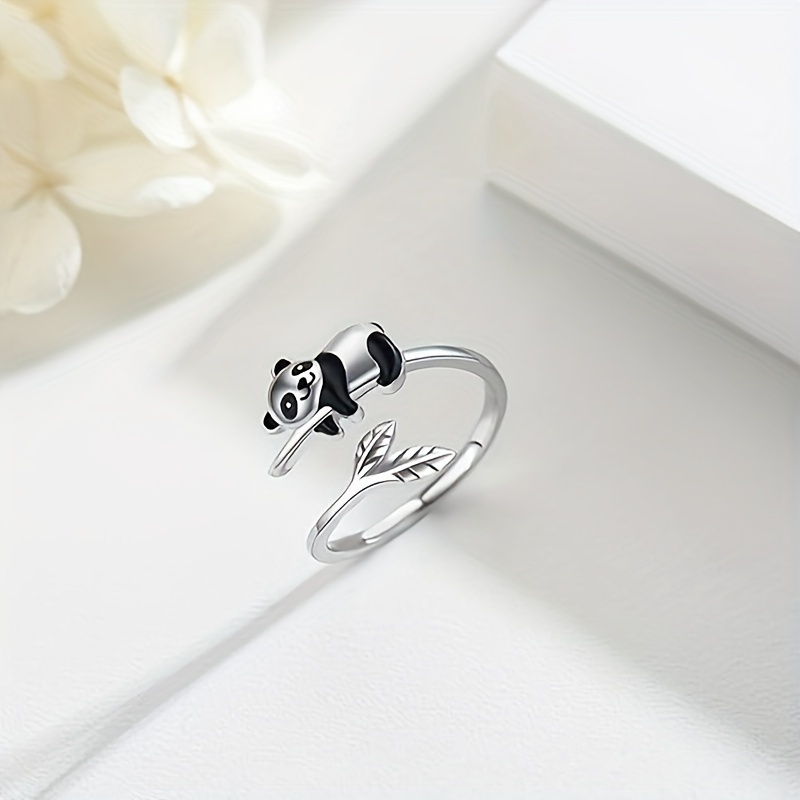 

Cute Panda Leaf Ladies Open Ring Chinese Style Adorable Animal Ring Panda Jewelry Gift