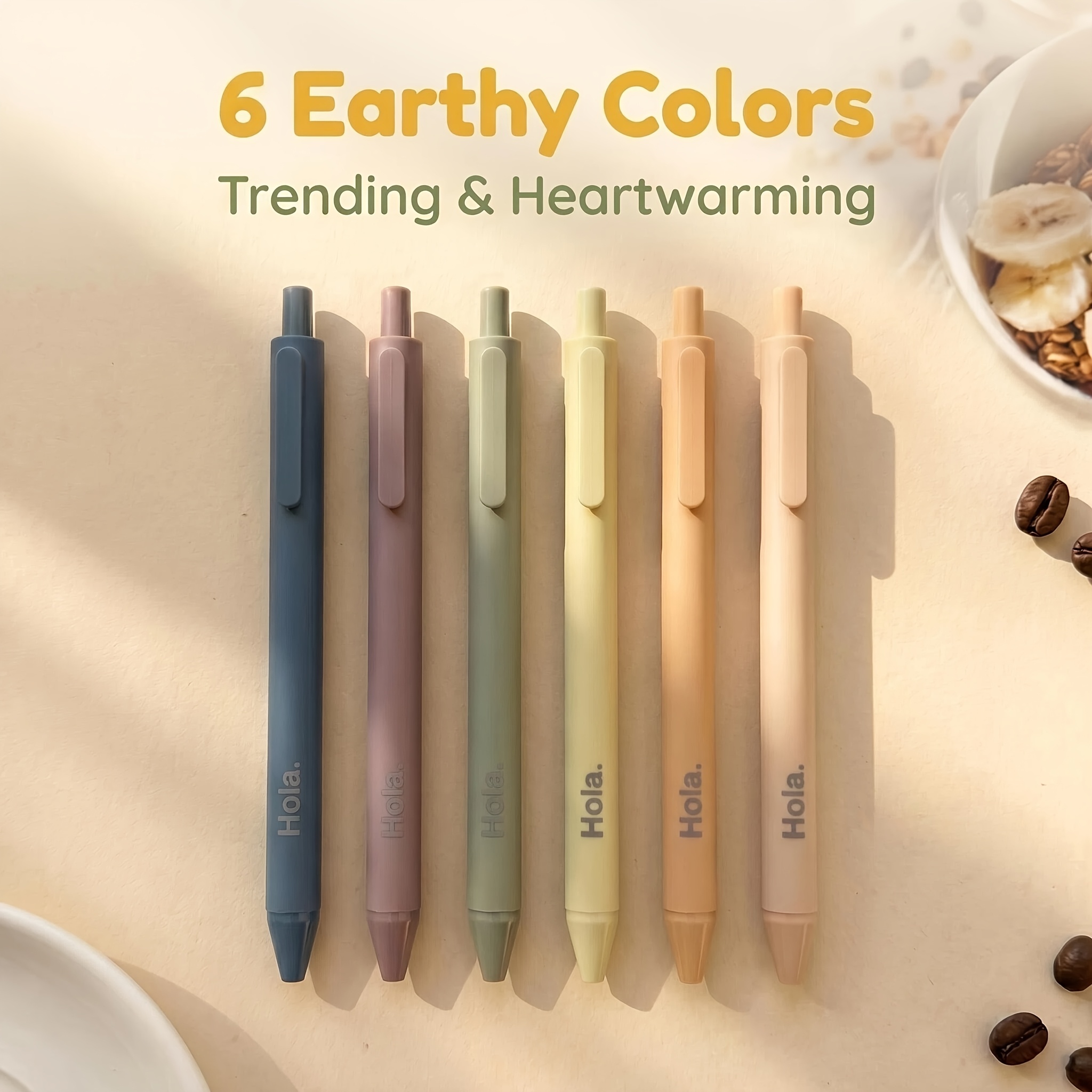 Image of 6pcs Earthy Tone Colors Retractable Ballpoint Pens With Comfortable Touch For Smooth Writing, Black Ink, Office And School Supplies, Printing Friendly Greeting Design