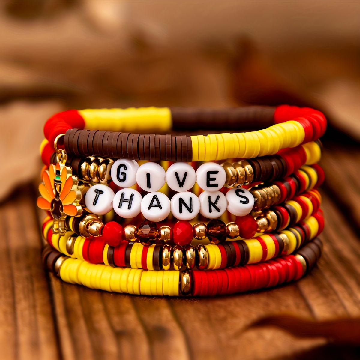 

6pcs Thanksgiving Charm Bracelet Set - Cute Turkey Pendant, Stretchy Soft Clay Beads, Stackable Jewelry Gift For Women