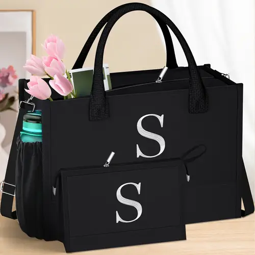 mothers day gift for women initial black canvas tote bag makeup bag with zipper adjustable strap present bag for women birthday