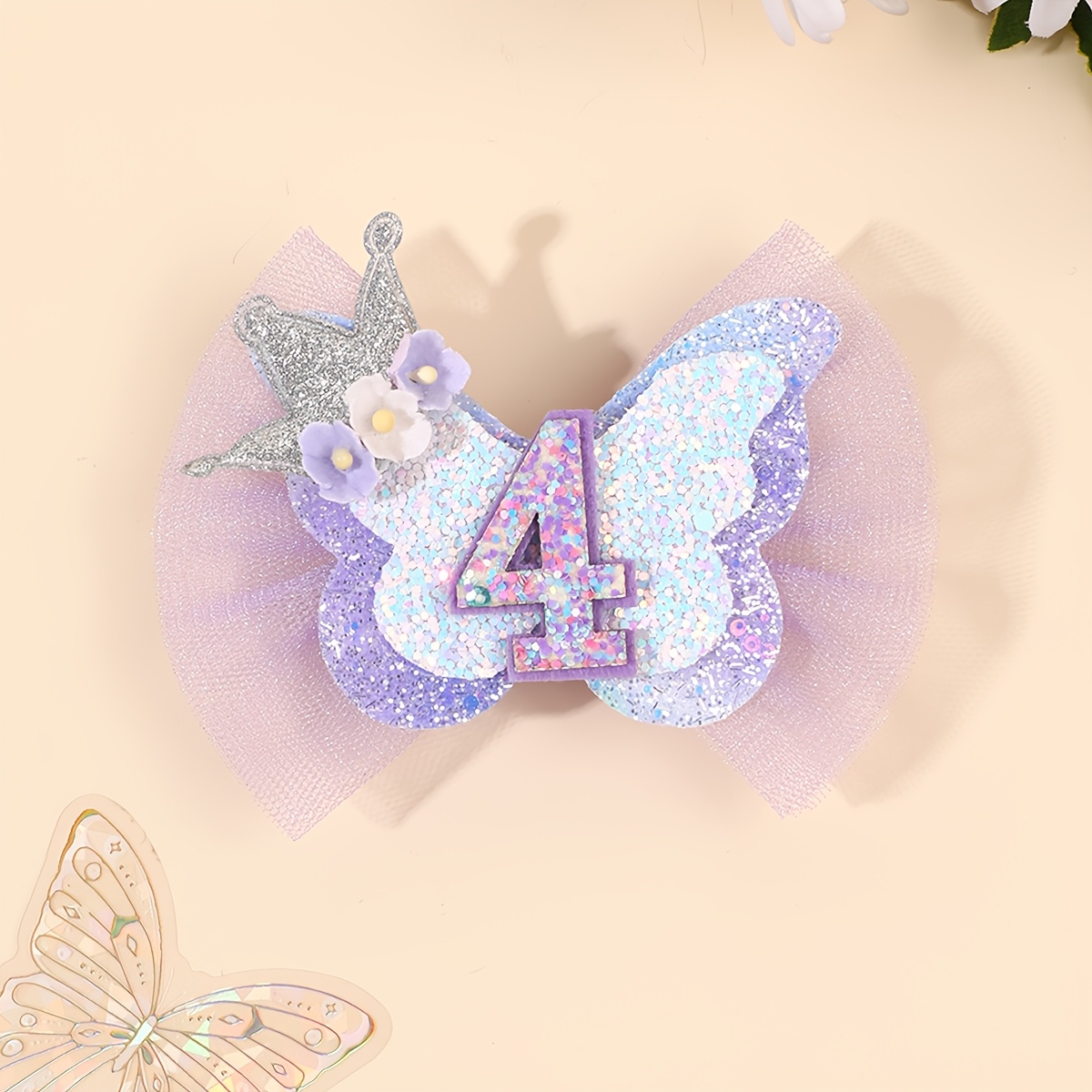 TEMU 1pc Sparkly Birthday Glitter Hair Bow Clip & Flower Decor Hair Barrette For Age Headpiece Delicate Birthday-themed Hair Accessory Ideal For