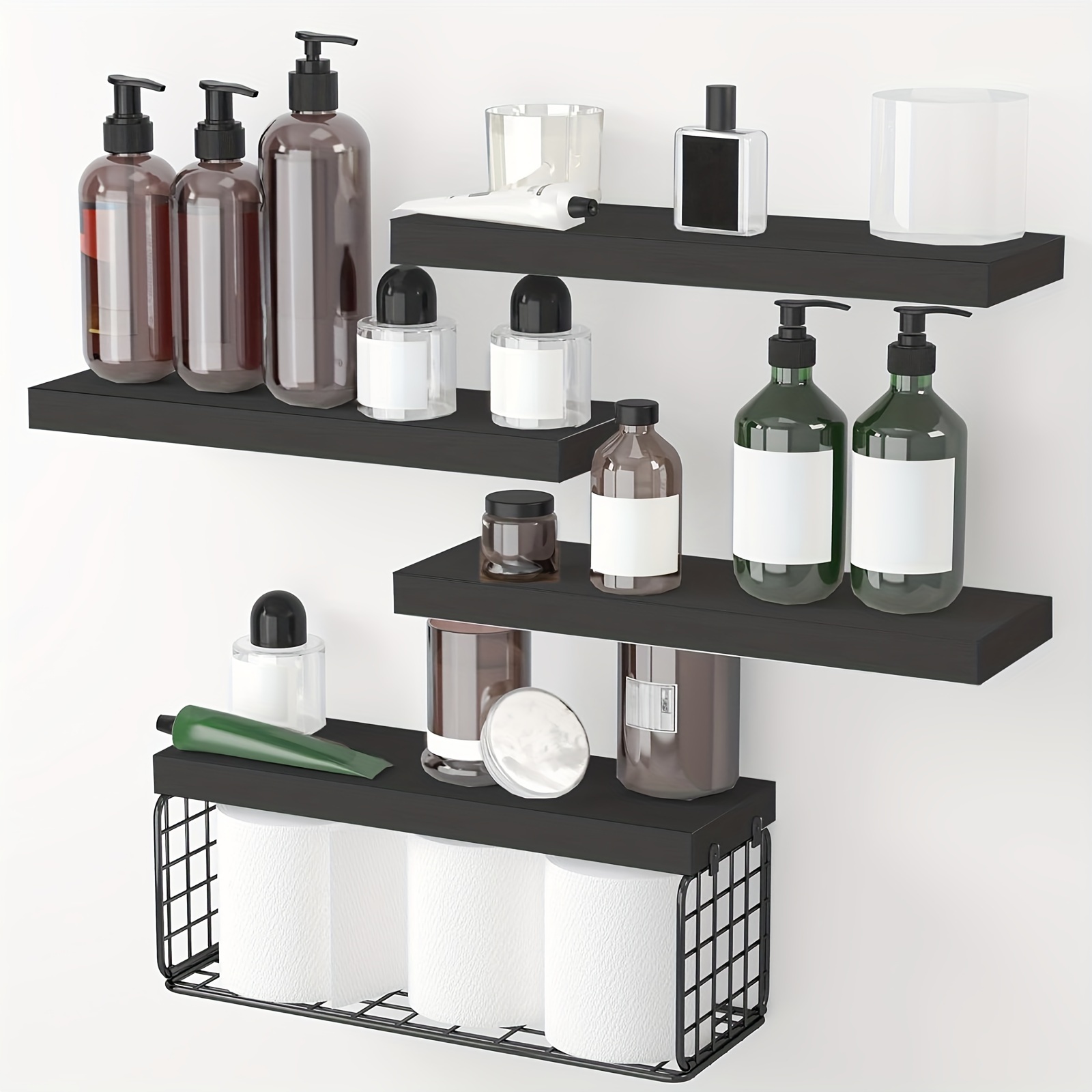 

Toiletries And Towels Shelves, Black, Bathroom Floating Shelves, 4+1 Tier 15.7in Rustic Wall Shelf Over Toilet With Invisible Brackets, Farmhouse Wall Decor