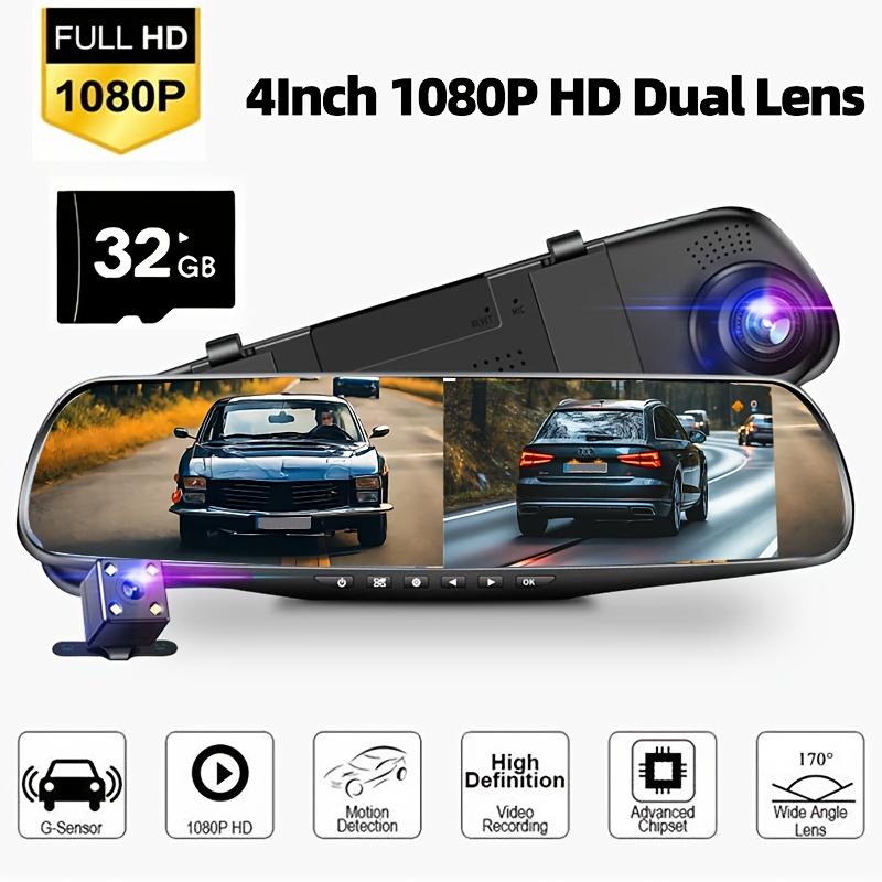 TEMU Car Driving Recorder Car Front And Rear Dual Cameras, With 32g Card Recording Reverse Image Hd Night Vision Cycle Recording Car Dvr Camera Installation Simple Mirror, No Battery