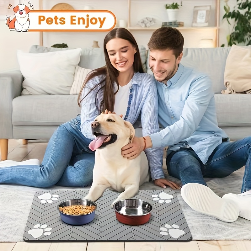 1pc Quick Dry Diatomaceous Earth Pet Feeding Mat - Splash-Proof, Absorbent, Easy to Clean, for Dogs And Cats, Herring Bone Pattern with Paw Print Design, Black, Washable Pet Feeding Mat