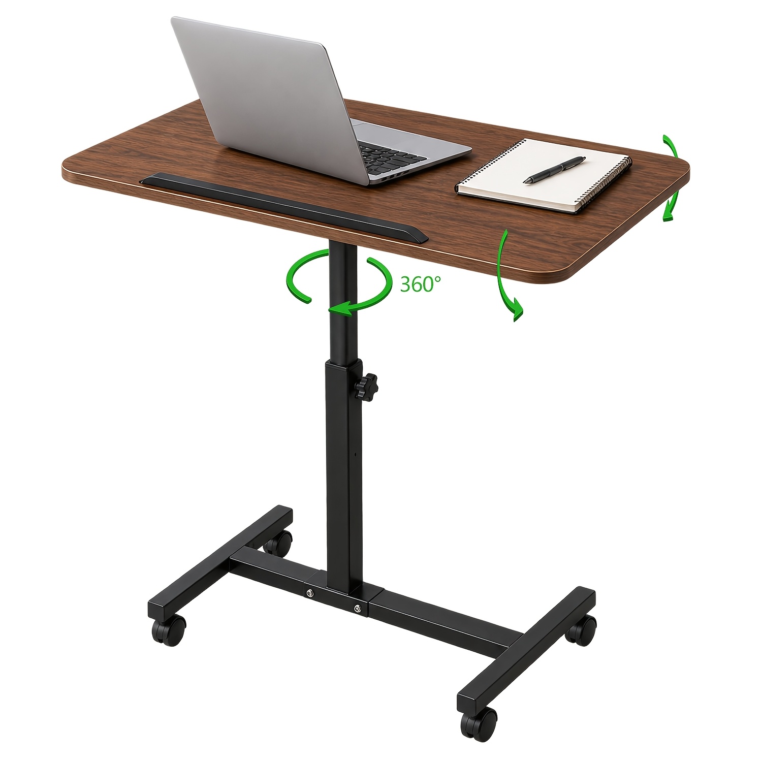 Image of Height Adjustable Side Table With Wheels, Mobile C Shaped Laptop Desk 60x40cm, Bedside Table With Tiltable Top, Compact Desk Computer Table For Office, Sofa, Bed, Or Care Use