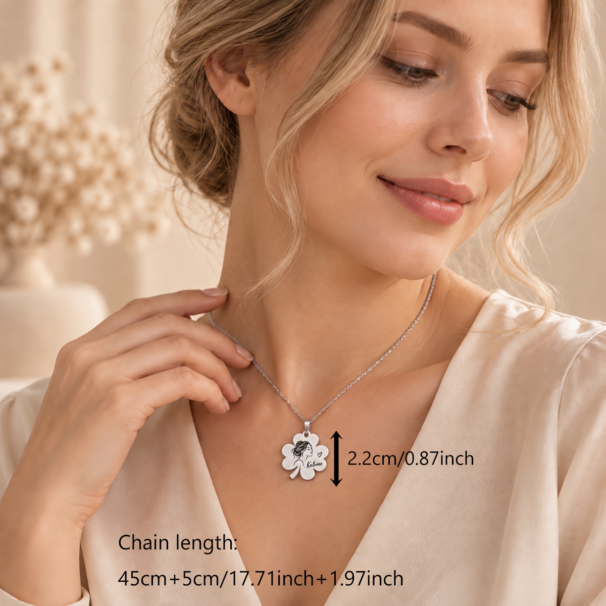 Custom Photo Line Art Flower Necklace, Personalized Name Pendant