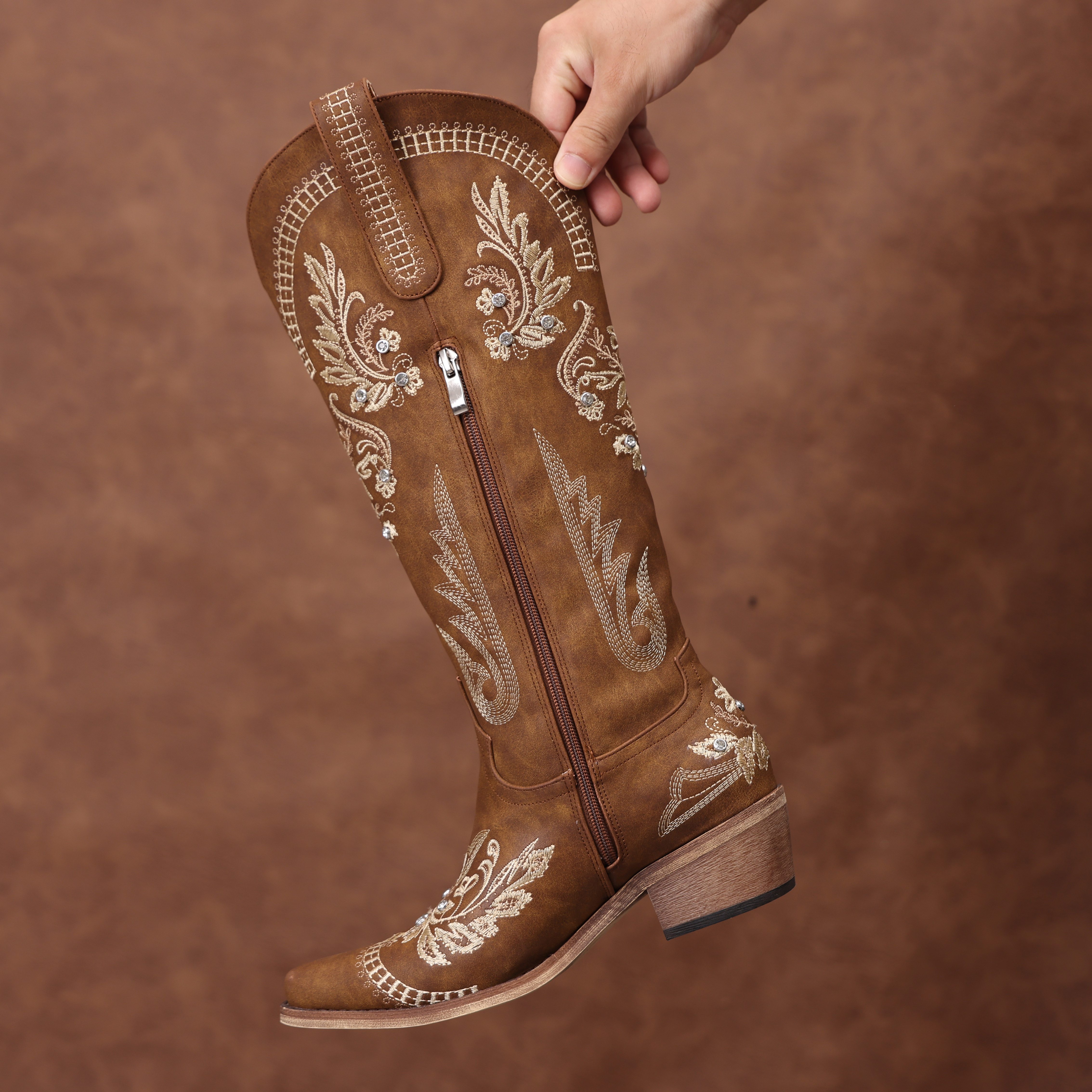 

Women's Brown Cowboy Boots: Sparkly Wide-calf Knee-high Cowgirl Style - Glitter Rhinestone Western Boots With Classic Embroidery, Pointed Toe, Zipper & Pull-on Design - Retro Fashion Tall Boots