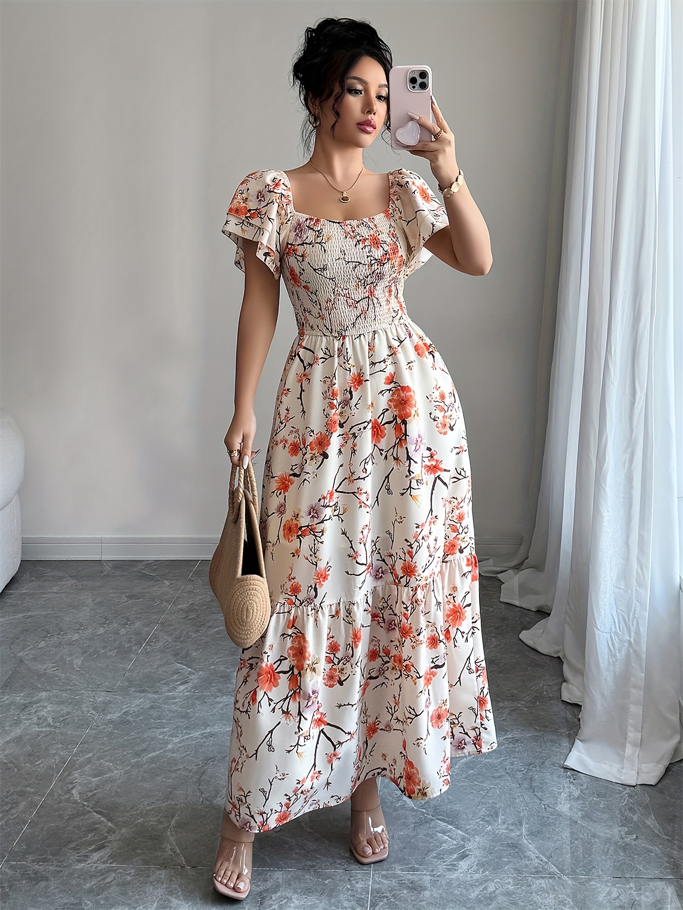 puff long sleeves dresses women aline flowy midi dress square neck puff  sleeve swing chiffon long casual dresses elegant square neck elastic waist  with back smoked flowy ruffle hem fall wedding guest