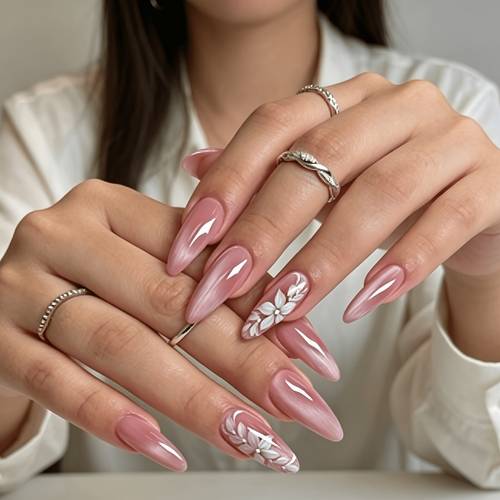 imagen del artículo juego de 24 uñas postizas de forma , tamaño -largo, estilo francés , con base nude , diseño floral tipo pintura al óleo de y . almohadillas de gel gelatinoso y una lima de uñas. para fiestas, uso y como regalo del día de