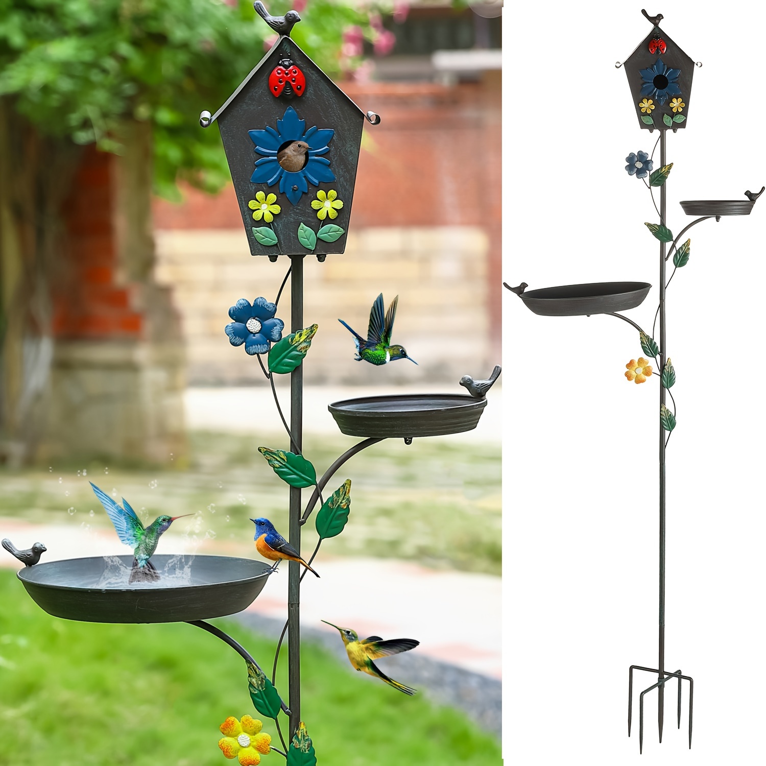 

Metal Bird Bath Feeder And Bird House On Pole, Tall Cast Iron Bird Baths With 5-prong Stake, 69.5" H Free Standing Bird Houses, Stylish Birdhouse With Birdbath Bowl For Outdoors Garden Yard Decor