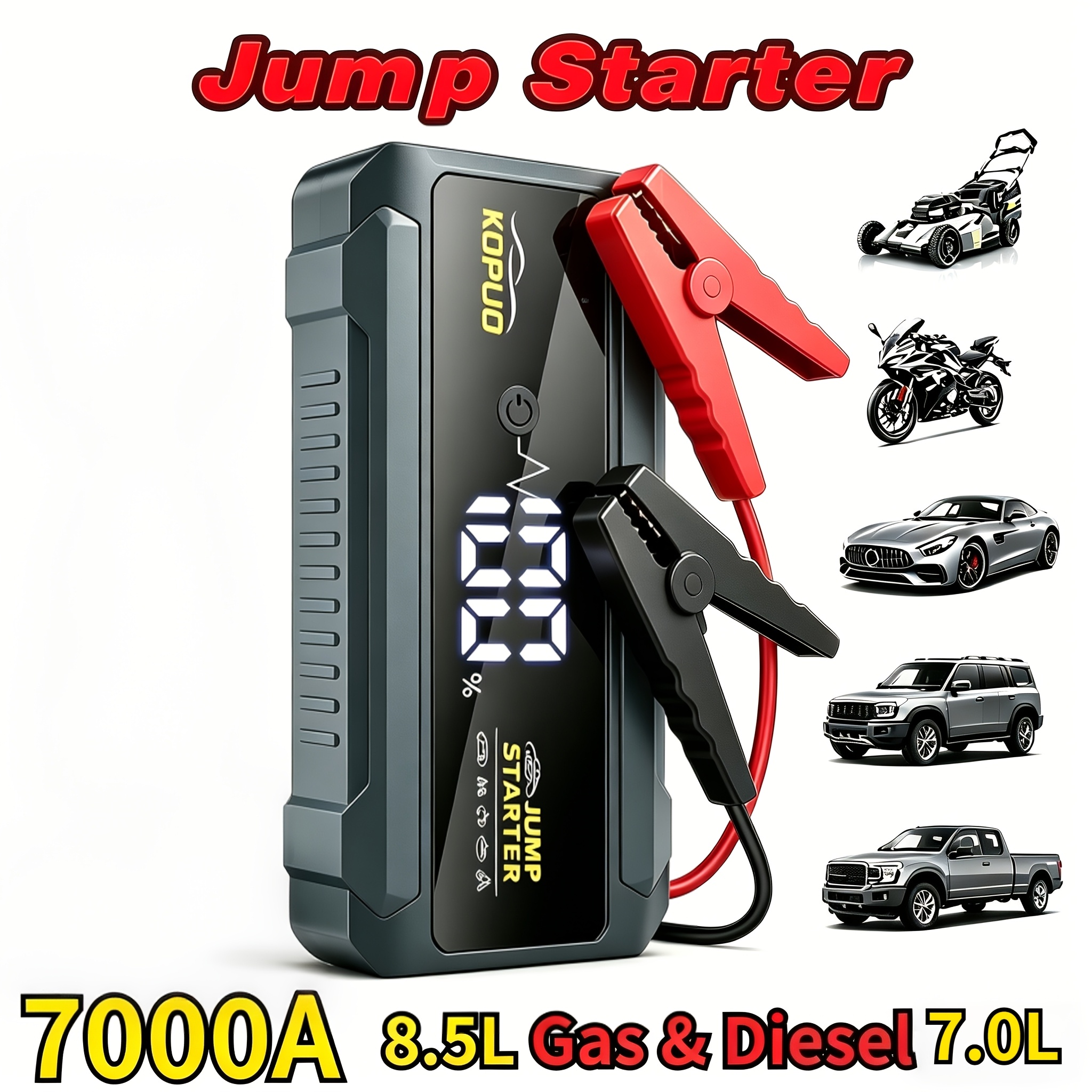 Image of 7000a 12v Car Jump Starter, Portable Battery Booster, Up To 8.5l Gas 7.0l Engine, Fast Charging Power Bank With Led Flashlight, Emergency Starter For Car Suv Truck Motorcycle