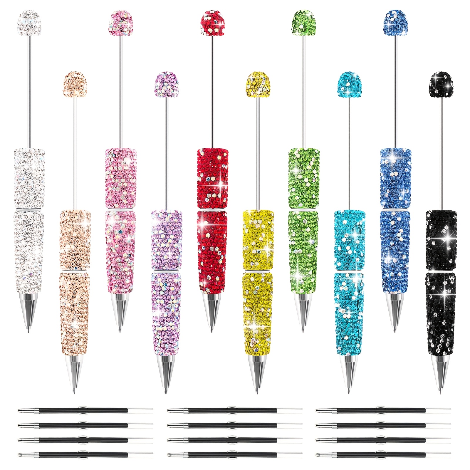 TEMU 10pcs Pens+12pcs Pen Refills, Sparkling Decorative Pens - Inlaid Design, Bead Diy Cute Journal Pens, Jewelry Style Writing Tools, Fun Glitter