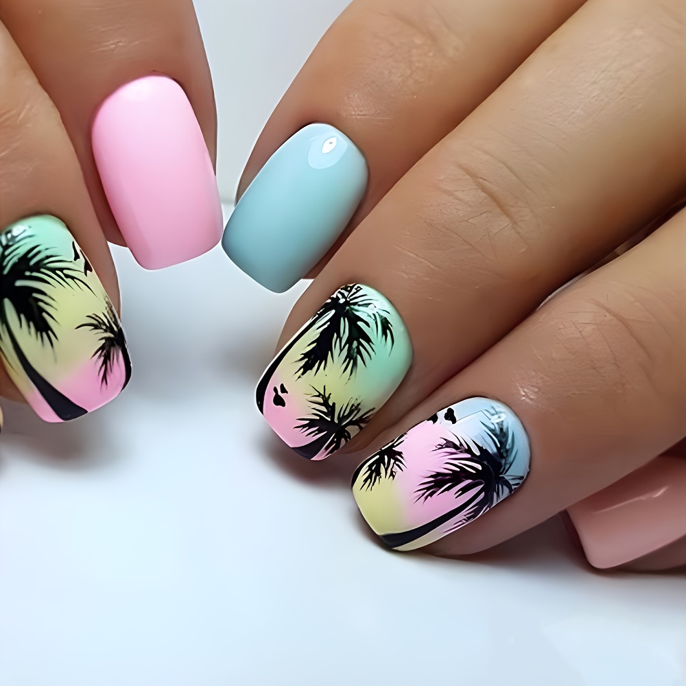 

24 Pcs Short Square Press-on Nails With Palm Tree Beach Design, Glossy Mixed Color Pre-glued Fake Nails Set For Women And Girls - Easy To Apply Durable Stick-on Manicure