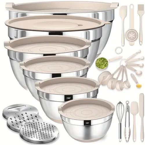 mixing bowls with airtight lids 26pcs stainless steel bowls set 6 bowls lids 20 kitchen tools 3 grater attachments black non slip bottoms size 7 4 2 5 2 1qt great for mixing serving father gift