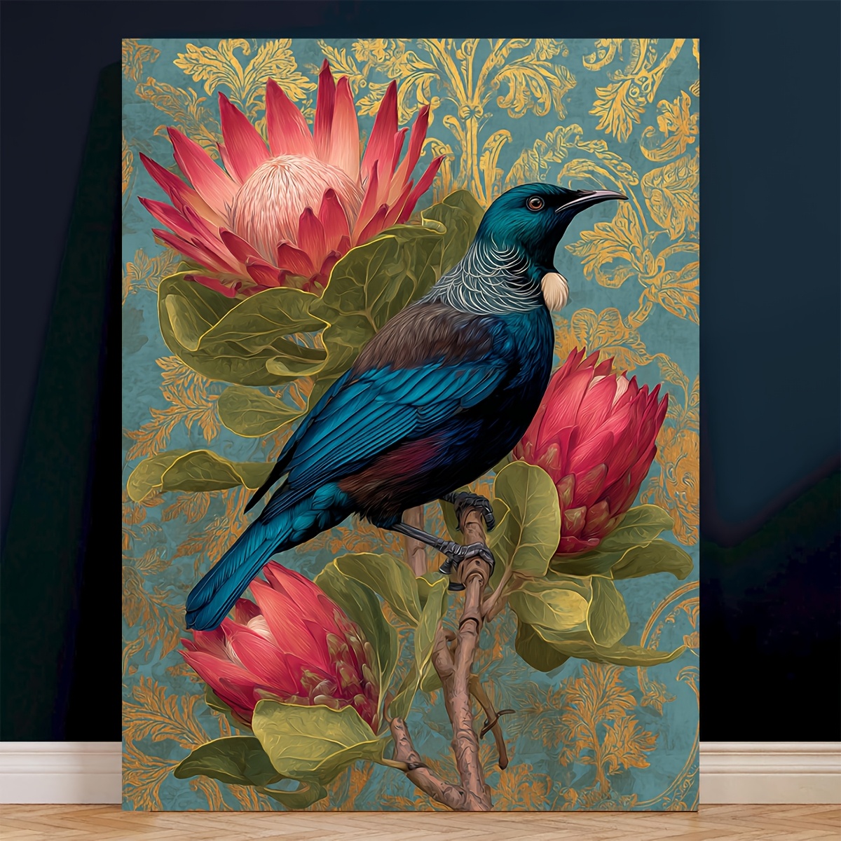 TEMU 2d Flat, 1pc Modern Tui Bird & Foliage Canvas With - Minimalist Ink Bird Decoration Suitable For Living Room, Bedroom, Office - 12x16 Inches,