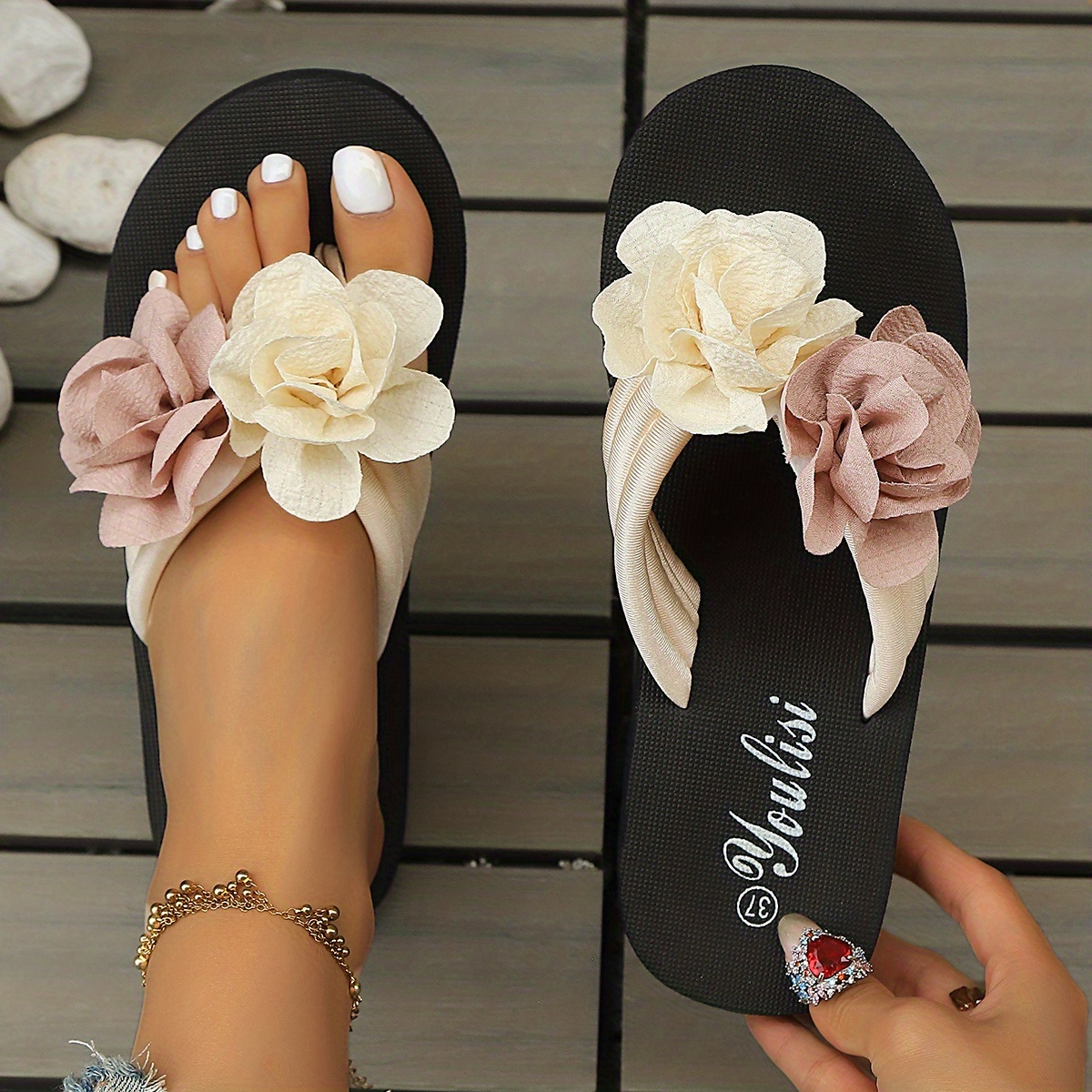 TEMU Women's Eva Slip-resistant Slippers - Lightweight Beach With Thick Sole & Cushioned , Black & Beige Floral Strap Suitable For Pool, Shower,