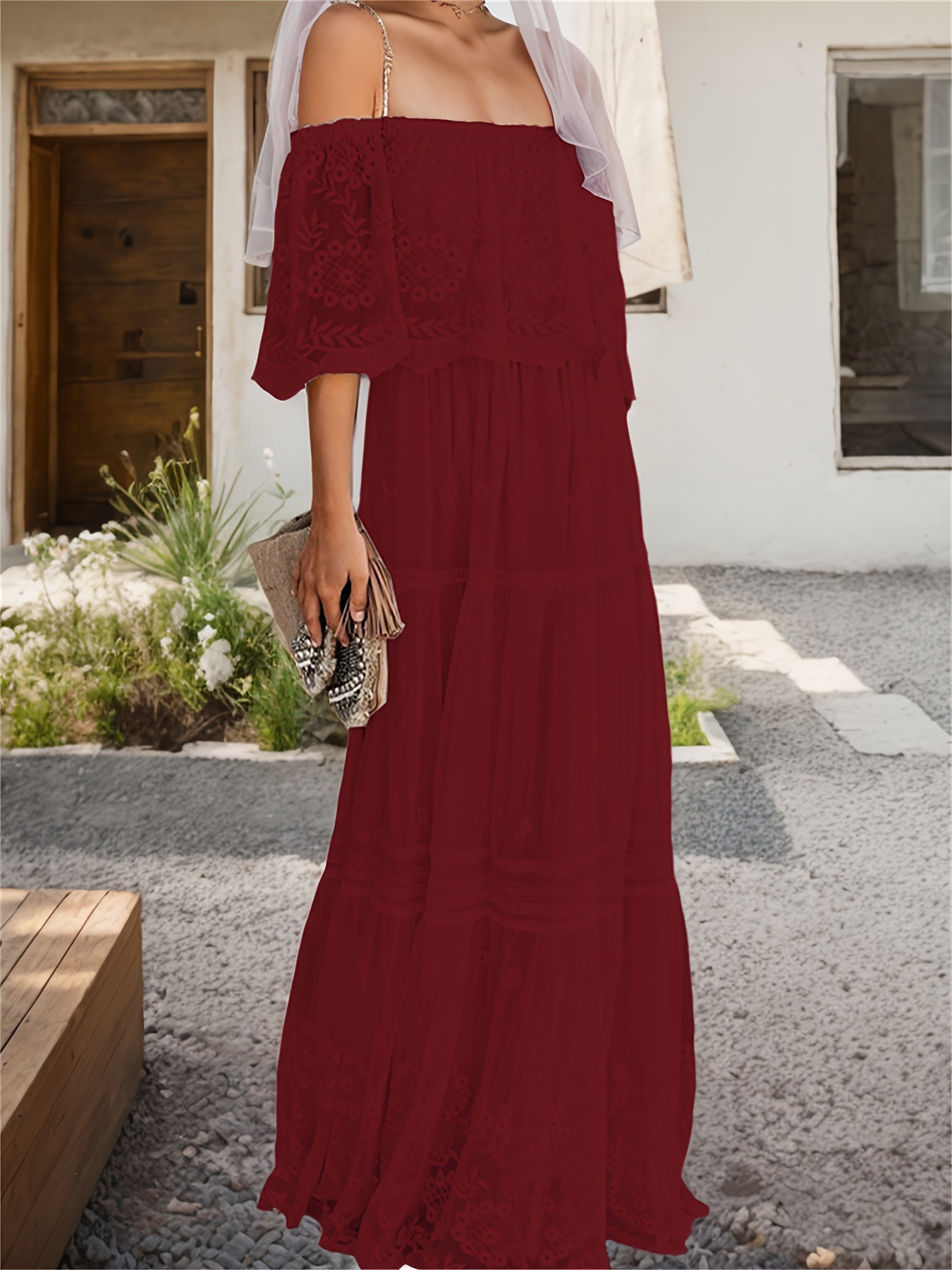 Women's Casual Strapless One Neck Lace Long Dress Bohemian Bridesmaid  Wedding Evening Full Floral Lace Mesh Embroidery, High Waist, Hollow Simple  * Wine Red