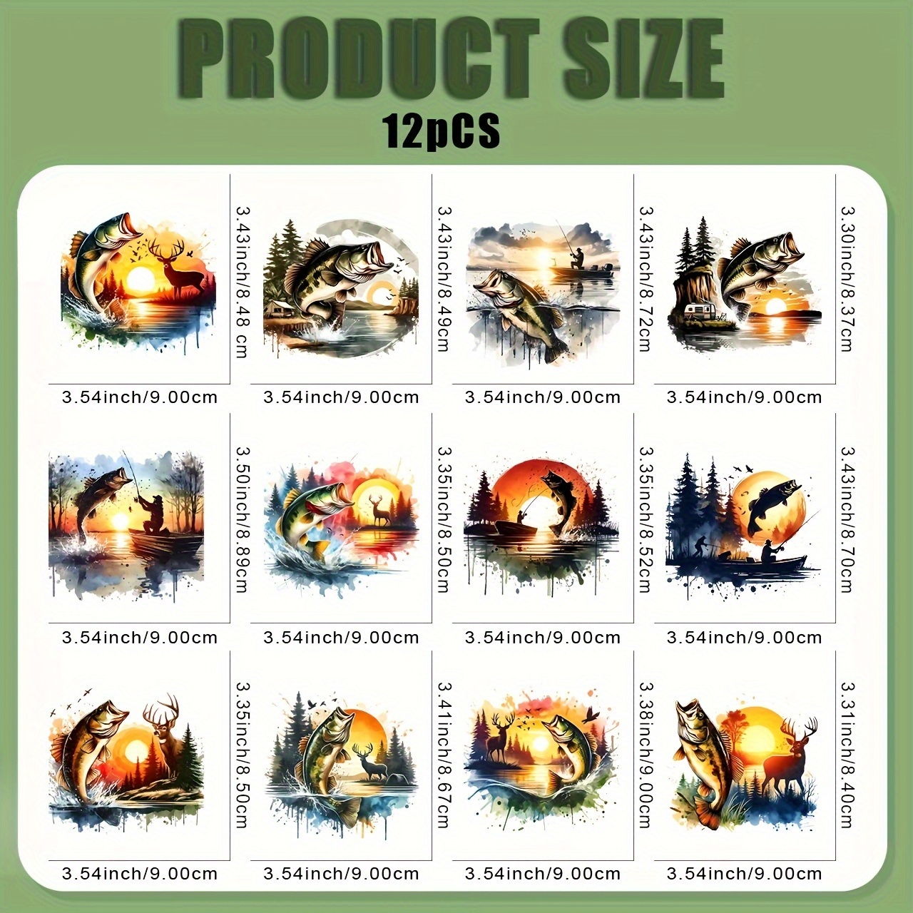 TEMU 12 autocollants DTF pour pêche DIY - Scènes de pêcheurs et vibrantes, décalcomanies lavables pour t-shirts, masques, jeans, sacs à dos - Décor
