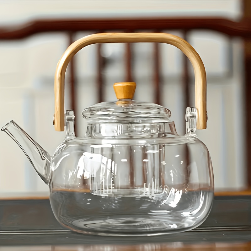 TEMU 1pc 1000ml Borosilicate Glass Teapot With Wooden Handle, Heat-resistant Safe Teapot For Iced Tea And , Transparent Tea Vessel With Detachable