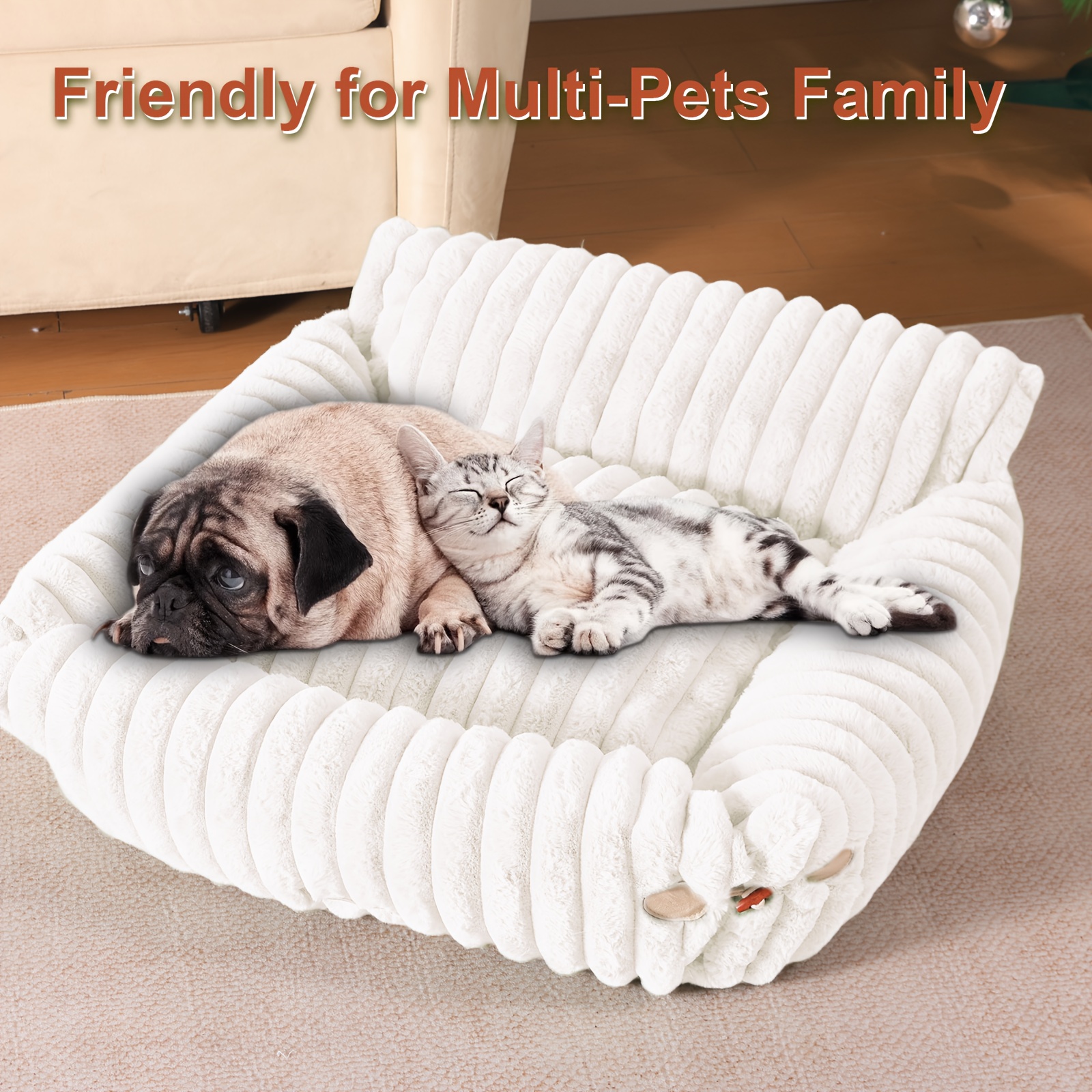 kylinsure fluffy cat sofa bed detachable washable pet bed with striped design beige pink gray green brown soft cushioned lounge chair for cats puppies durable indoor outdoor use cat furniture bed   furniture plush pet furniture   pet furniture pet lovers Product details 3