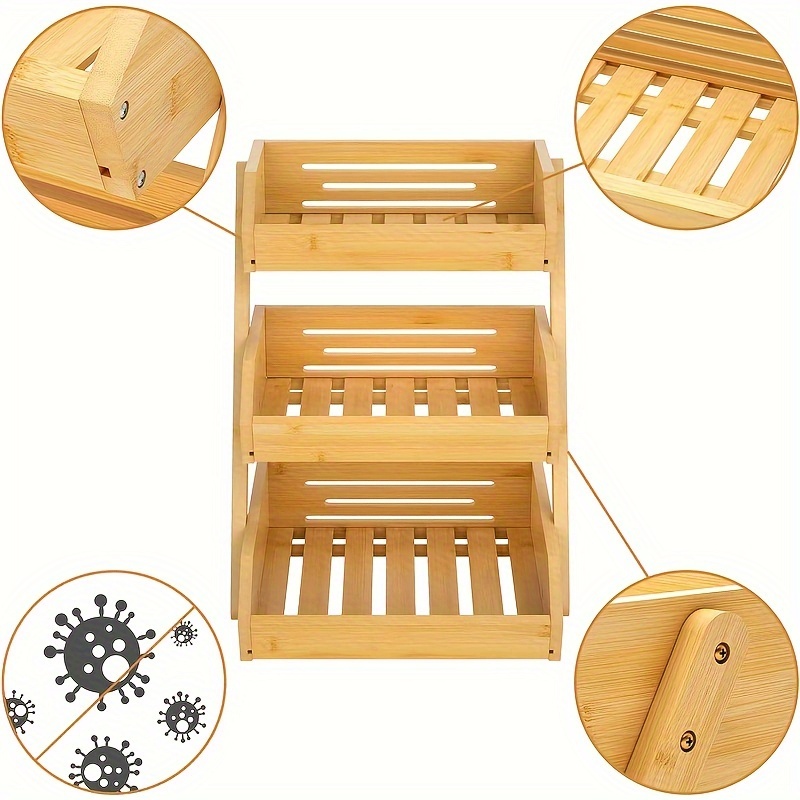 3 tier bamboo fruit basket stand for kitchen countertop bamboo products open slat design for air circulation   bread vegetables and home   self assembly fruit basket for kitchen details 5